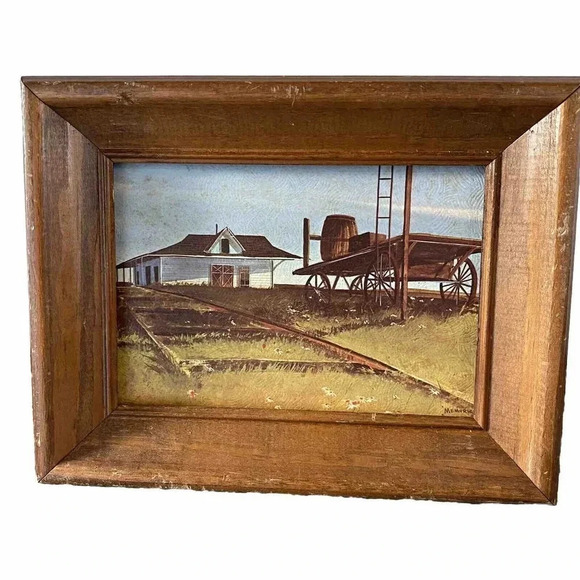 VTG Wood Frame Print Art Painting Wall Decor Country Side Railroad House 7”x9” - Picture 1 of 5